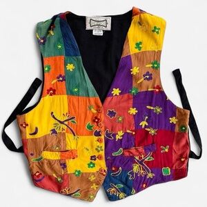 Vintage Hype Bright Colorful Hippie Flower Blossom Embroidered Patchwork Vest